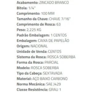 Parafuso Sextavado Rosca Soberba 1/4 X 100 Zn Br Caixa com 100 - Ciser - Imagem 3