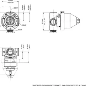 Base Misturador Monocomando para Banheira Ou Chuveiro Baixa Pressão Alta Vazão 3/4"