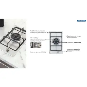 Cooktop a Gás em Aço Inox com Acendimento Automático Dominó 1 Queimador - Imagem 3