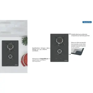 Cooktop a Gás em Vidro Temperado Preto com Acendimento Automático Dominó 2 Queimadores - Imagem 4