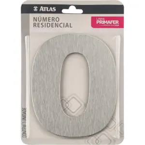 Número Residencial de Alumínio Escovado com Adesivo, 0 (zero), Cor Prata, Linha Primafer, Atlas.
