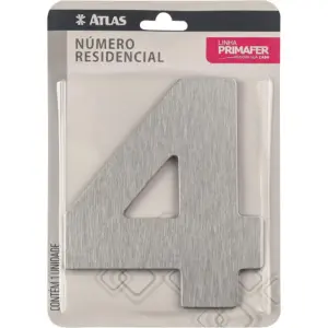 Número Residencial de Alumínio Escovado com Adesivo, 4 (quatro), Cor Prata, Linha Primafer, Atlas.
