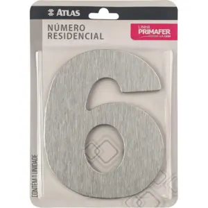 Número Residencial de Alumínio Escovado com Adesivo - 6 (seis) - Cor Prata - Linha Primafer - Atlas.