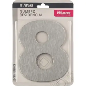 Número Residencial de Alumínio Escovado com Adesivo, 8 (oito), Cor Prata, Linha Primafer, Atlas.